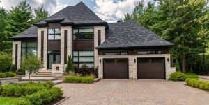 Stamped Shaker Garage Door in Walnut with Plain glass and Madison Window Inserts