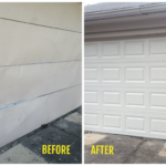before and after of bent garage door with replaced metal door in almond color