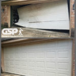 before and after of a crushed garage door and replacement metal garage door