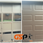 replacement of 70's rotted wooden panel garage door with clean brown metal garage door