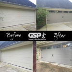 before and after installation of custom wood accented garage doors with arched windows