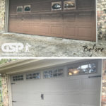 Before and after garage door restoration with grey wood tone garage door