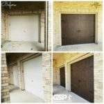 before and after image of 2 car garage door ports with modern wooden accented gate style garage door