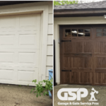 Before and after garage door restoration from old metal garage door to wooden tone accent door with framed windows on top