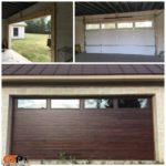 new garage door installation with wood accented modern garage door with window openings at the top
