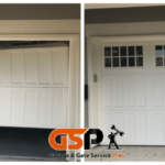 Before and after garage door repair fixing a garage door with snapped cable and off garage gate opener track