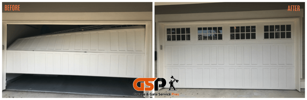 Broken Residential Garage Door in Katy. Before and After Garage Door Repair