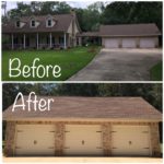 Before and after garage door restoration of three car garage with old white metal doors with new barn style colonial garage doors