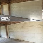 Before and after garage door restoration from bent metal garage door off the track with new metal panel replacement