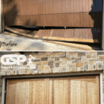 broken and rotted wooden garage door being replaced with clean modern wooden design with arcs