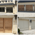 collage showing steps installing new wodden garage doors for a three car garage with fresh wood finish with sandstone paint