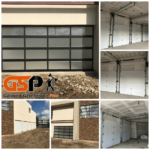 collage of garage doors installed in new construction building