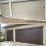 Before and after garage door restoration with old paneled garage doors and new wood accented shoreline garage doors