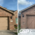 Before and after garage door restoration from bent metal garage door to wooden tone accent door