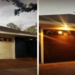 Before and after garage door restoration of three car garage with old doors being replaced with new wood accented shoreline doors and new garage gate opener