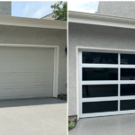 before and after image of old garage door with clean modern door with black reflective windows